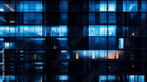 Pattern of office buildings windows illuminated at night. Glass architecture ,corporate building at night - business concept. Blue graphic filter. : Generative AI photo