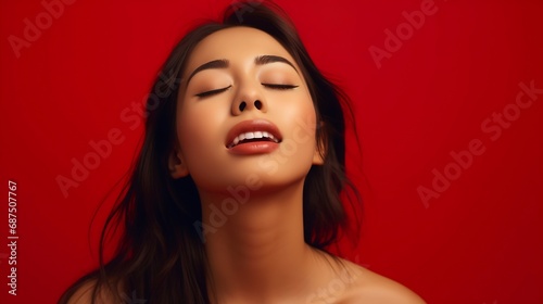 Pretty brunette young Asian woman closes eyes licks lipsfrom temptation to taste something delicious shows tongue imagines eating delicious food wears shirt isolated over vivid red bac : Generative AI