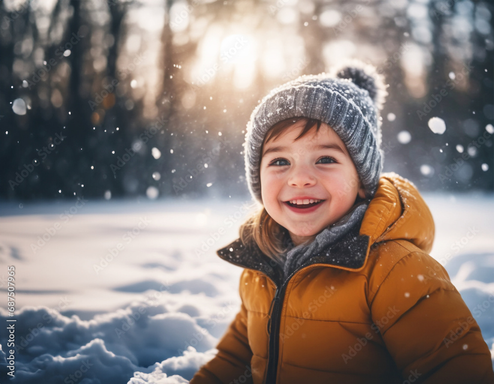 portrait of a young child playing in snow in winter and sun is shining in the background