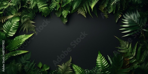 Tropical summer background  fern leaves set in the frame around blank space for a text  flat lay  view from above  stylized photo   Generative AI