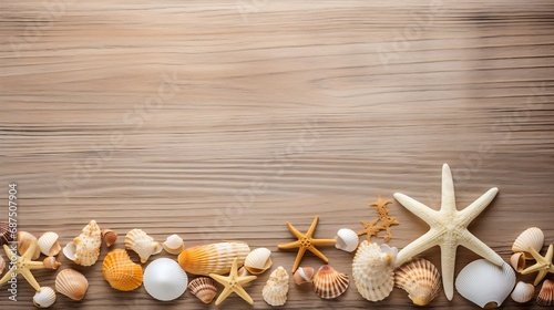 Starfish and seashells on a wooden background. The concept of a summer vacation at sea. : Generative AI
