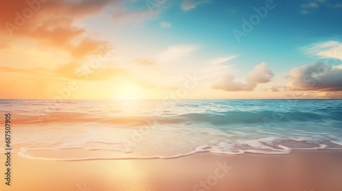 Summer holiday concept. Abstract blur beach with yellow and blue sky sunrise background : Generative AI