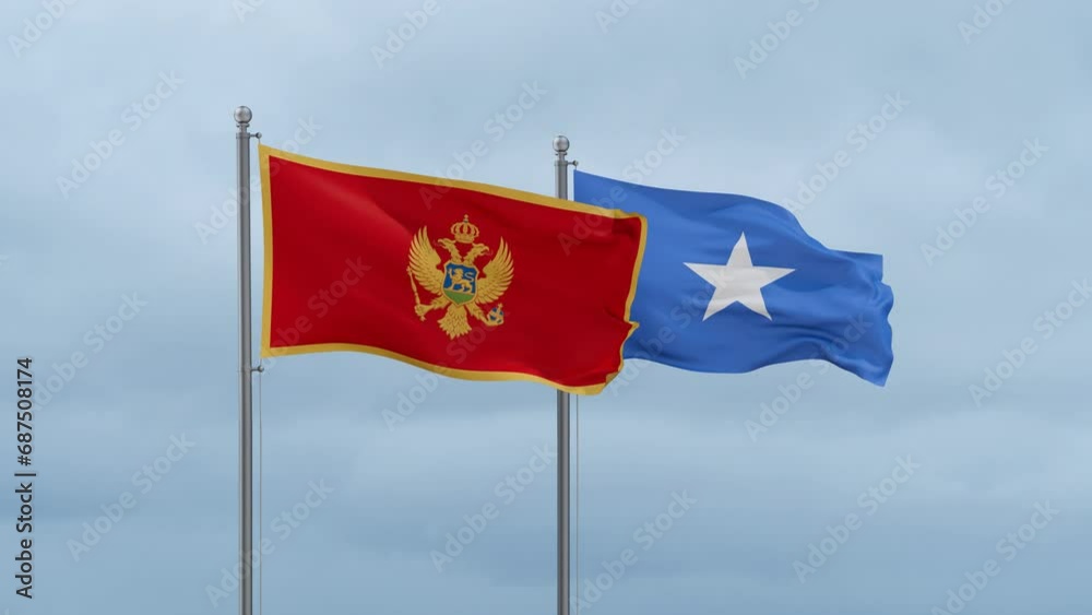 Somalia and Montenegro flag waving together on cloudy sky, endless seamless loop, two country cooperation concept Somalia and Montenegro flag waving together on cloudy sky, endless seamless loop, two country cooperation concept