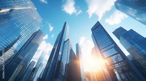 business and financial skyscraper buildings concept.Low angle view and lens flare of skyscrapers modern office building city in business center with blue sky. : Generative AI photo