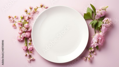 white plate mockup with cream background. for the wedding template .top view. : Generative AI