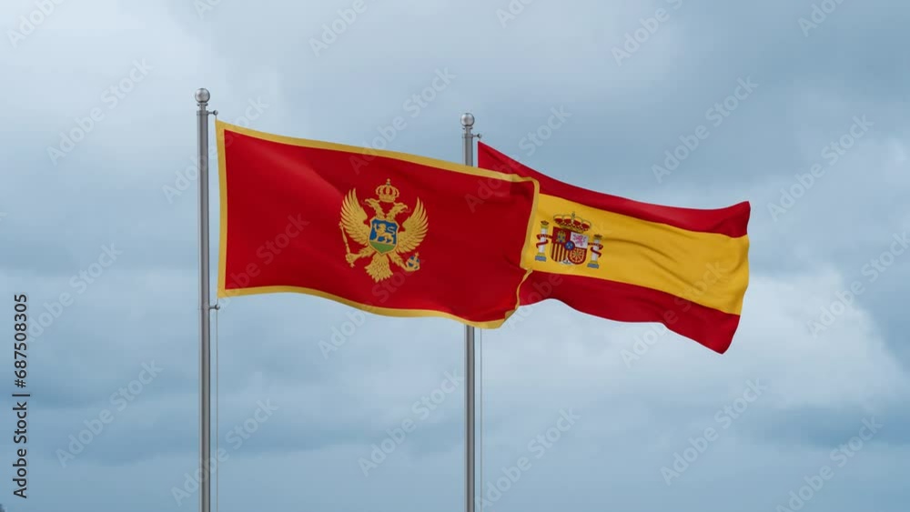 Spain and Montenegro flag waving together on cloudy sky, endless seamless loop, two country cooperation concept Spain and Montenegro flag waving together on cloudy sky, endless seamless loop, two country cooperation concept