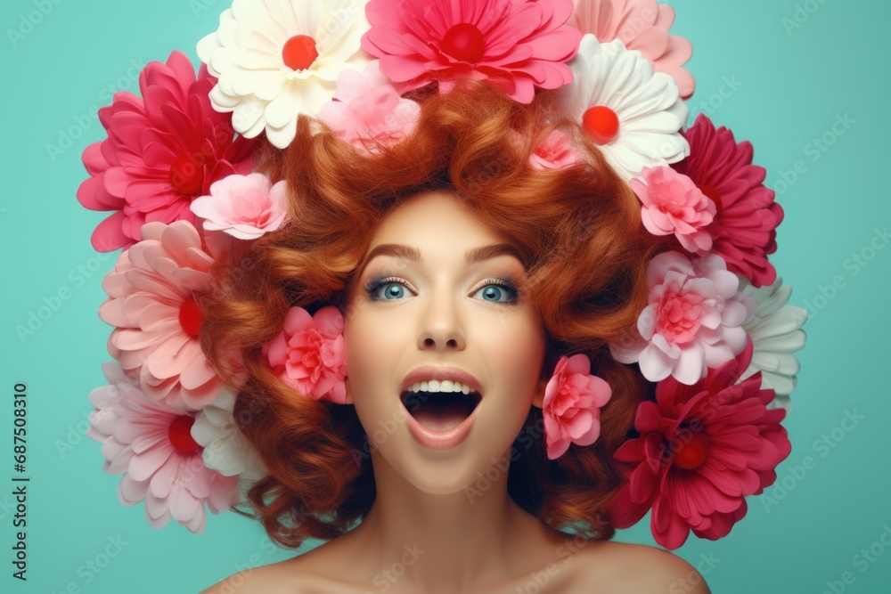 young cute woman with flower hair is making a playful face