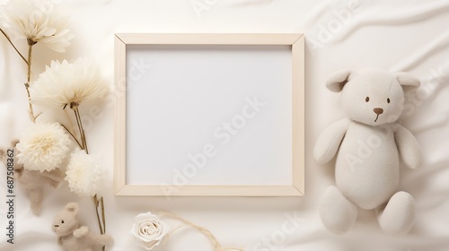 Blank square wooden frame mockup for nursery art or pregnancy announcement display, flat lay with baby toys and accessories. : Generative AI