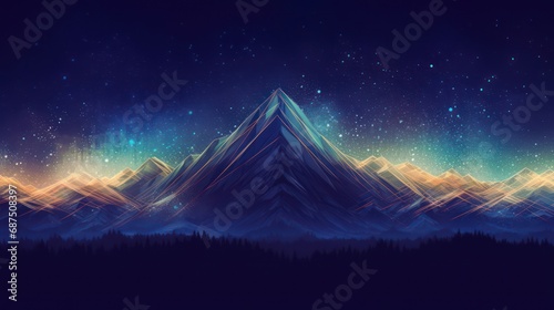 Futuristic mountain background. Glowing landscape technology wallpaper with binary lighting mountain