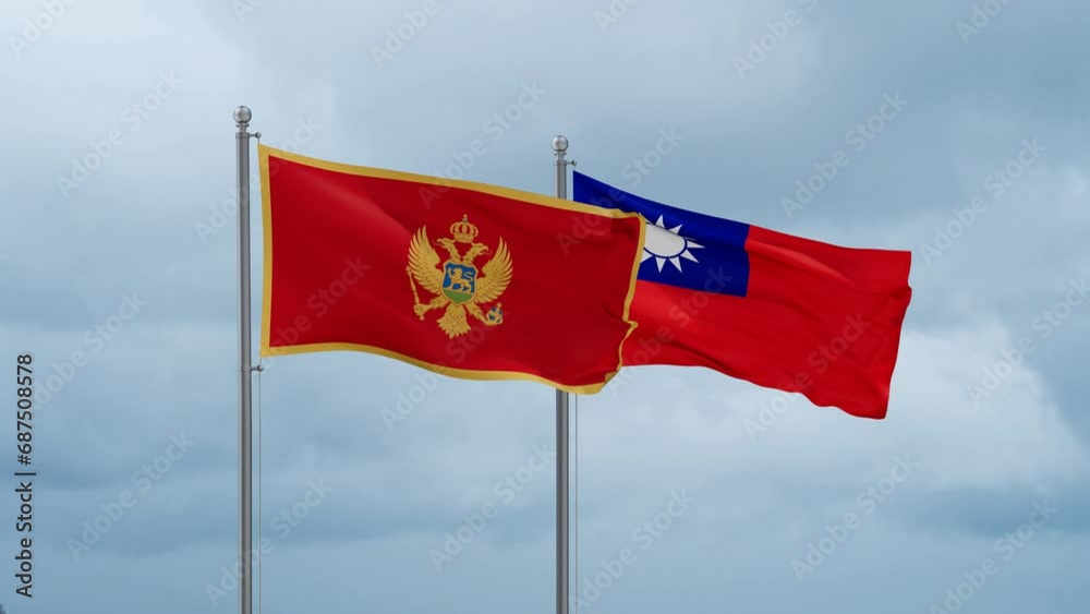Taiwan and Montenegro flag waving together on cloudy sky, endless seamless loop, two country cooperation concept Taiwan and Montenegro flag waving together on cloudy sky, endless seamless loop, two country cooperation concept