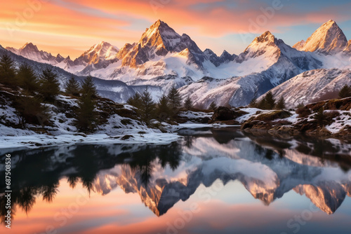 mountain panorama at golden hour with snow at peak © ItziesDesign