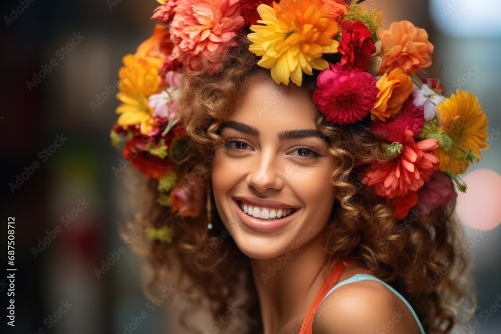 Naklejka premium woman, beauty, flower, hair, fashion, face, flowers, spring, model, makeup, pink, make-up, people, person, skin, glamour, sensuality, lady, hairstyle, care, lips, red, elegance, head, studio