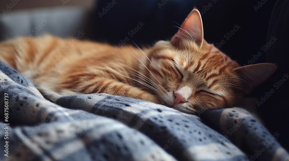 Ginger cat sleeping on cozy black sofa. Home coziness with cat, soft plaid and books. Cozy home and hygge concept, copy space. : Generative AI