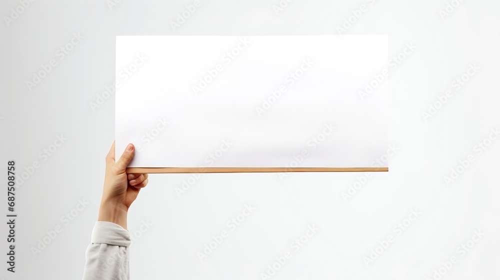 Hand holding blank banner mock up on wood stick isolated. Empty board plank holder in hands. Holding sign up. Clear signal stick. Man person with placard signal. Protesters people on p : Generative AI - obrazy, fototapety, plakaty 