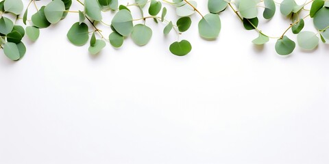 Frame made of eucalyptus branches on white background. Flat lay, top view, mock up. : Generative AI
