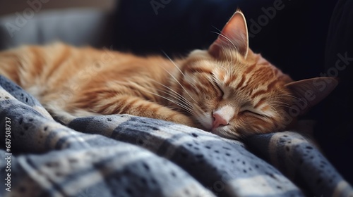 Ginger cat sleeping on cozy black sofa. Home coziness with cat, soft plaid and books. Cozy home and hygge concept, copy space. : Generative AI © Generative AI