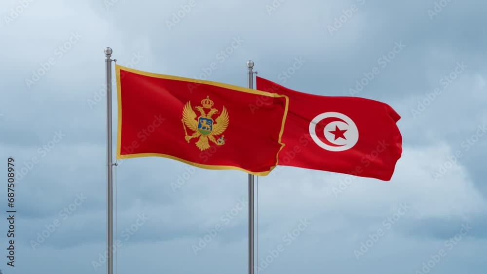 Tunisia and Montenegro flag waving together on cloudy sky, endless seamless loop, two country cooperation concept Tunisia and Montenegro flag waving together on cloudy sky, endless seamless loop, two country cooperation concept
