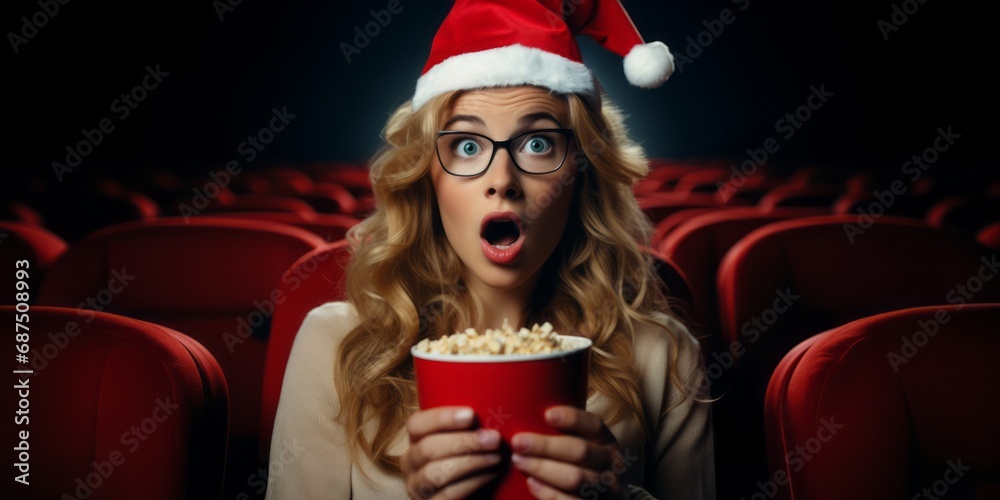 Surprised young Santa woman. Christmas hat hold bucket of popcorn spreading hands, girl sitting on red chair in cinema  isolated on black background. Happy New Year celebration merry holiday concept