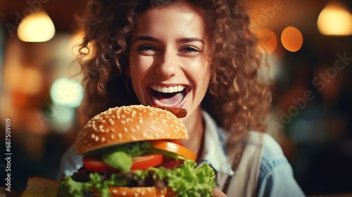 Vegan sandwich healthy vegetarian burger. Cute cheerful girl eating veggie hamburger with salad  avocado  vegetable. Vegetarian diet food concept   Generative AI