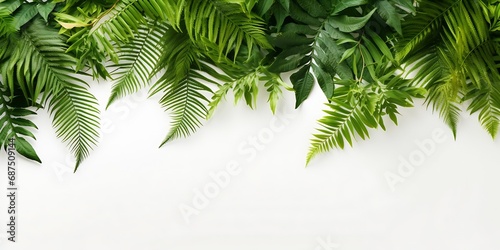 Tropical summer background, fern leaves set in the frame around blank space for a text, flat lay, view from above, stylized photo : Generative AI photo