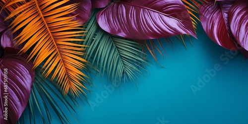 Tropical bright colorful background with exotic painted tropical palm leaves. Minimal fashion summer concept. Flat lay. : Generative AI
