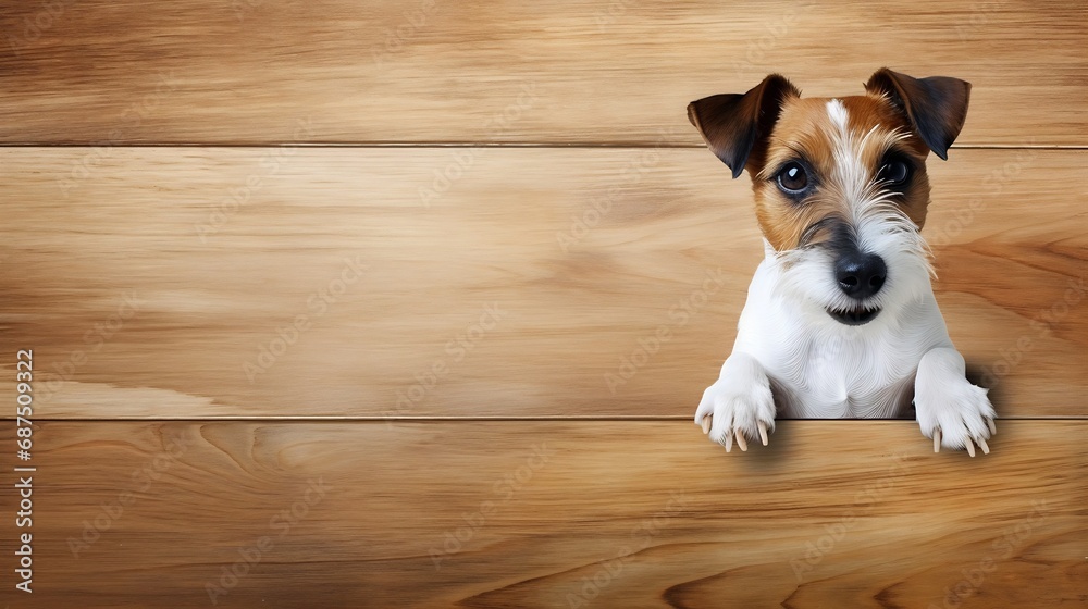 dog flat lay. sweet pet. Jack Russell Terrier on a wood background. : Generative AI