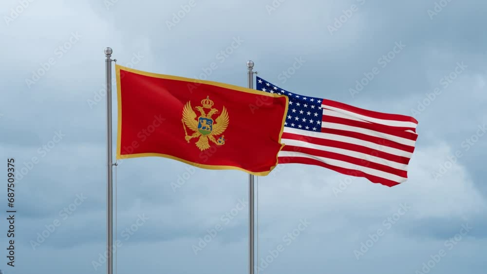 USA and Montenegro flag waving together on cloudy sky, endless seamless loop, two country cooperation concept USA and Montenegro flag waving together on cloudy sky, endless seamless loop, two country cooperation concept