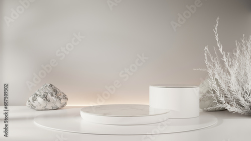 White empty podium or pedestal for product presentation on two floors, showcase of beauty and cosmetics product. Round mockup platform on white background. 3d rendering	
