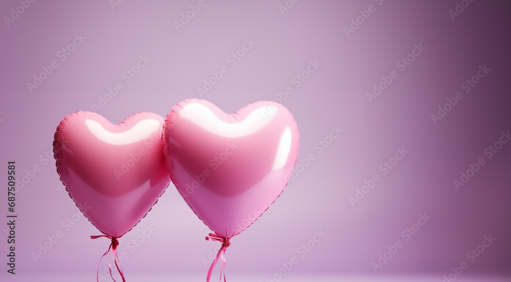 Two pink heart shaped balloons on pastel pink background copy space. Valentine romantic theme deign 3D. Valentine's day background.