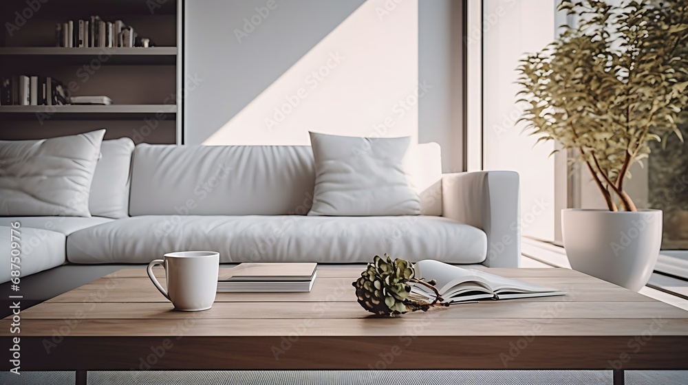 Obraz premium Modern interior of open space with design modular sofa, furniture, wooden coffee tables, plaid, pillows, tropical plants and elegant personal accessories in stylish home decor. Neutral : Generative AI