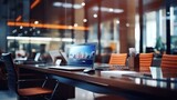 Abstract blur business office working space background with modern interior table and chair with devices. Blurry creative workplace design background : Generative AI