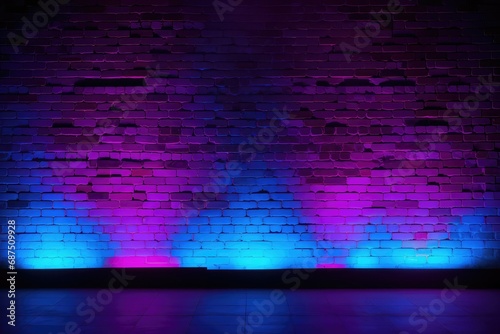 Artistic neon illumination on unrefined brick wall backdrop © Lucija