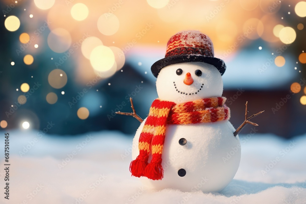Cheerful Snowman in Snow with Christmas Bokeh Lights