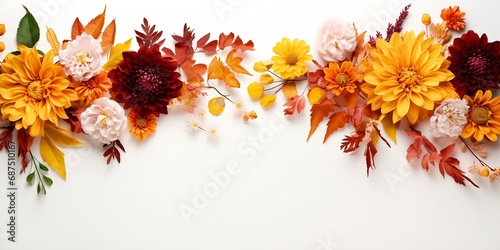 Autumn floral composition. Frame made of fresh flowers on white background. Autumn, fall concept. Flat lay, top view, copy space : Generative AI