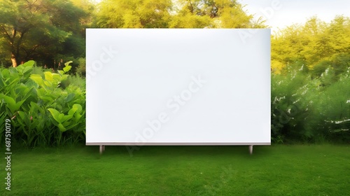 Background texture of a blank white advertising information board place outdoor on green and healthy grass lawn. Mockup template of a wedding welcome sign in garden. Empty copy space f : Generative AI photo