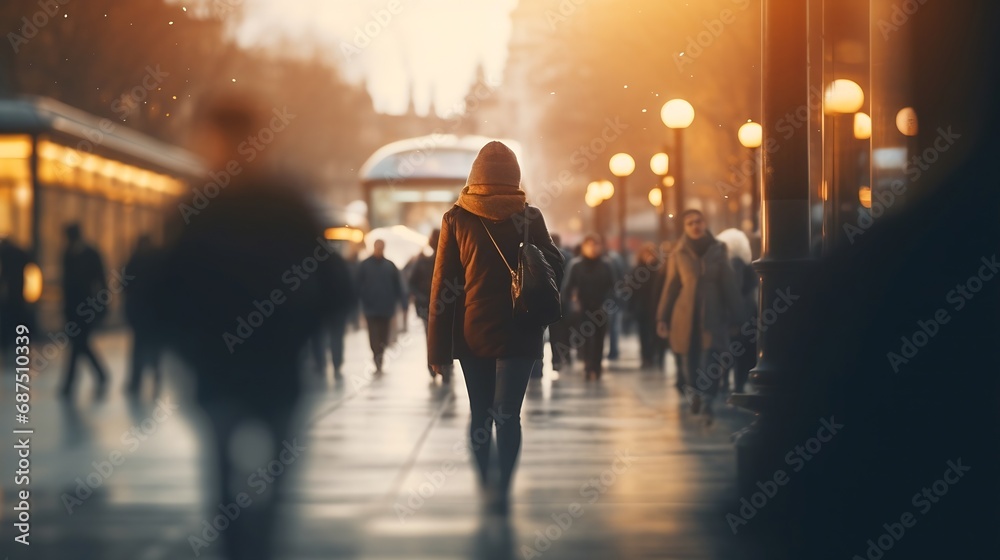 Blurred background. Blurred people walking through a city street. Toned photo. : Generative AI