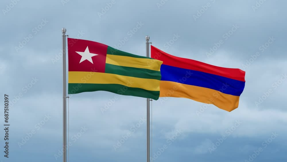 Armenia and Togo flag waving together on cloudy sky, endless seamless loop, two country cooperation concept Armenia and Togo flag waving together on cloudy sky, endless seamless loop, two country cooperation concept