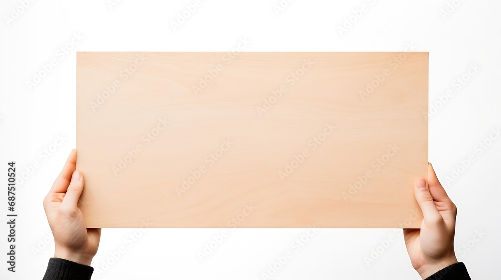 Copy space for your text. Man's hands holding empty board isolated on white background. Close up. High resolution : Generative AI