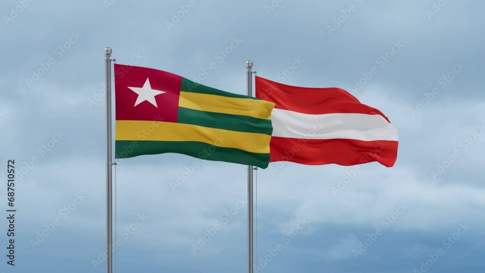 Austria flag and Togo flag waving together on cloudy sky, endless seamless loop, two country relations concept Austria flag and Togo flag waving together on cloudy sky, endless seamless loop, two country relations concept