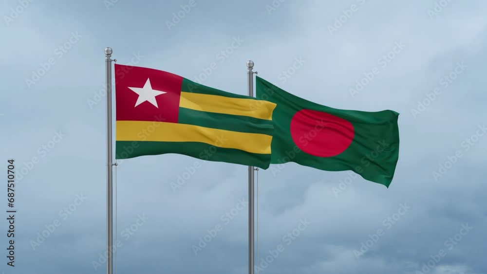 Bangladesh flag and Togo flag waving together on cloudy sky, endless seamless loop, two country relations concept Bangladesh flag and Togo flag waving together on cloudy sky, endless seamless loop, two country relations concept