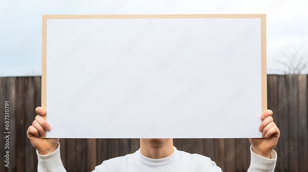 Hand holding blank banner mock up on wood stick isolated. Empty board plank holder in hands. Holding sign up. Clear signal stick. Man person with placard signal. Protesters people on p : Generative AI - obrazy, fototapety, plakaty 