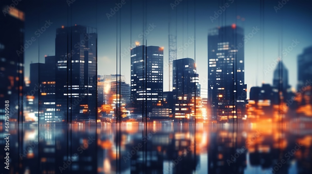 Night blurred bokeh light city office building, abstract background : Generative AI