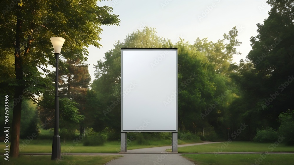 One big vertical / portrait orientation blank billboard in park : Generative AI One big vertical / portrait orientation blank billboard in park : Generative AI