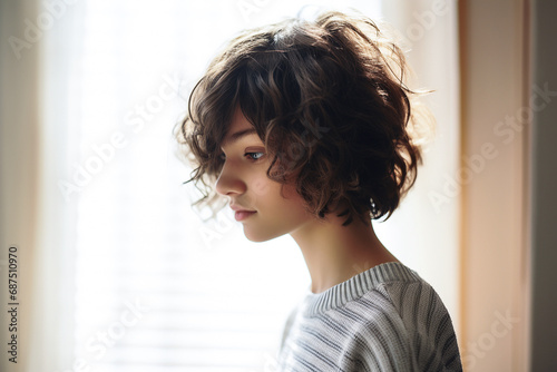 Portrait naturel d'une jeune fille devant sa fenêtre