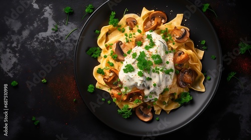 Mushroom pasta, pappardelle with cream sauce and parsley, overhead flat lay shot on a stone background : Generative AI