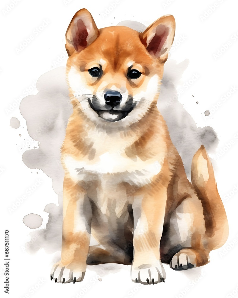 SHIBA INU watercolor portrait painting illustrated dog puppy isolated on transparent white background : Generative AI
