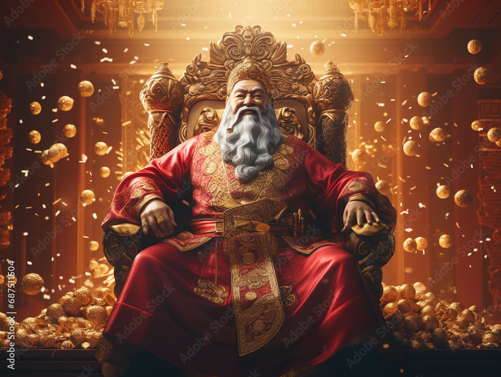 Fototapeta premium A Blessing From Caishen, God of Wealth: Chinese New Year's Worship for Prosperity and Wealth