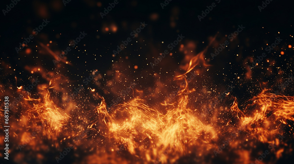 Dynamic Fire Embers: Abstract Blaze of Fiery Particles over Black Background - Vibrant Heatwave Illuminating the Dark with Intense Flames and Glowing Sparks.
