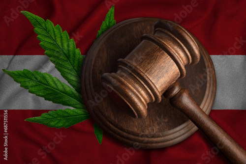 Flag of Austria and justice gavel with cannabis leaf. Illegal growth of cannabis plant and drugs spreading.