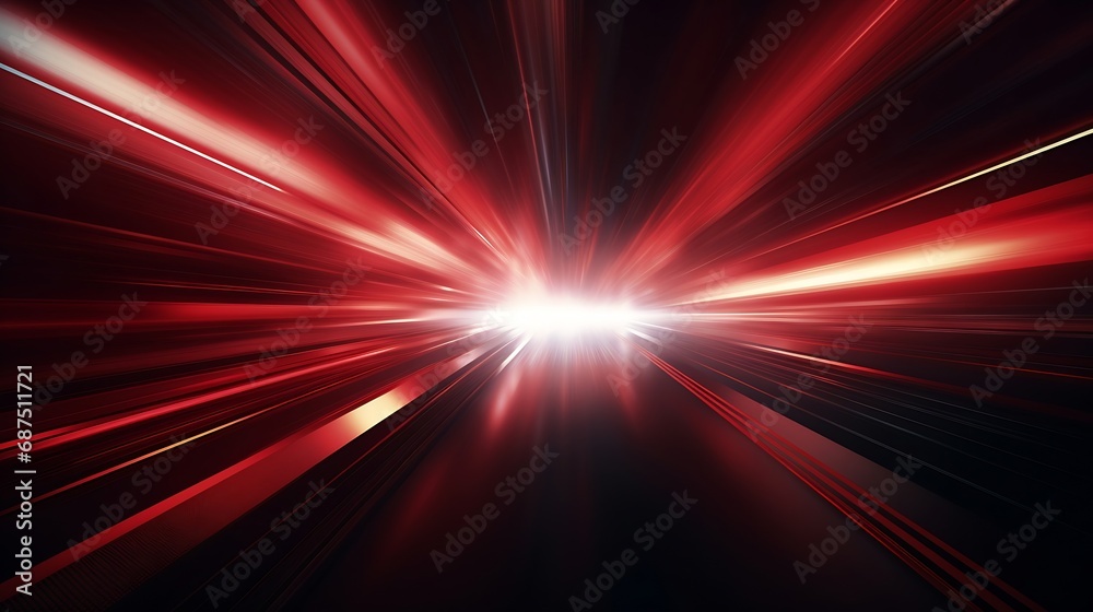 Abstract background with diffused tracks of bright red and white rays against dark blurred surface : Generative AI Abstract background with diffused tracks of bright red and white rays against dark blurred surface : Generative AI